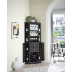 Home Source Corner Bar Cabinet With Rotating Wine Rack