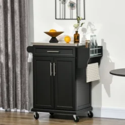 HOMCOM Rolling Kitchen Island Utility Trolley, Storage Cart On Wheels With Drawer, Spice Rack, Black