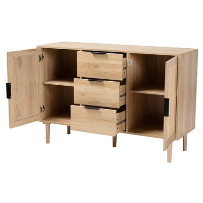 Harrison Wood And Rattan 3 Drawer Sideboard Dining Cabinet Natural Brown/Black - Baxton Studio 4 Harrison Wood And Rattan 3 Drawer Sideboard Dining Cabinet Natural Brown/Black - Baxton Studio - Image 2