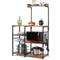 Costway 4-Tier Vintage Kitchen Baker's Rack Utility Microwave Stand W/ Basket & 5 Hooks -Baxton Home Shop GUEST aee2dec8 b809 43d2 bb7e 9e581afd55ab