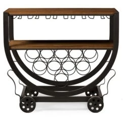 Triesta Antiqued Vintage Industrial Metal & Wood Wheeled Wine Rack Cart - Baxton Studio