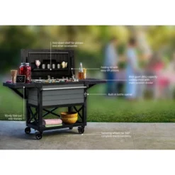 Keter KET-252172 89.8 Quart Outdoor Rolling Patio Cooler And Insulated Beverage Cart With Fold Down Glass Shelf And Built In Bottle Opener, Gray -Baxton Home Shop GUEST b0161245 ef81 498b a821 c77cb8f6f473