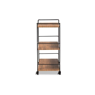 3 Tier Bernard Industrial Metal And Wood Mobile Wine Bar Cart Black/Walnut - Baxton Studio 4 3 Tier Bernard Industrial Metal And Wood Mobile Wine Bar Cart Black/Walnut - Baxton Studio - Image 2