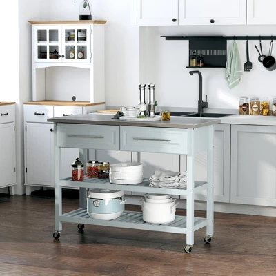HOMCOM Kitchen Island With Stainless Steel Top, Traditional Kitchen Island With Storage, 2-Tier Open Shelves, Drawers, Light Gray 4 HOMCOM Kitchen Island With Stainless Steel Top, Traditional Kitchen Island With Storage, 2-Tier Open Shelves, Drawers, Light Gray - Image 2