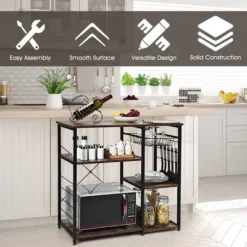 Costway Industrial Kitchen Baker's Rack Microwave Stand Utility Storage Shelf W/ 6 Hooks Steel Black -Baxton Home Shop GUEST bc357fce 1955 4b57 8547 00224f3d8f9d