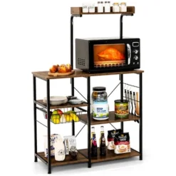 Costway 4-Tier Vintage Kitchen Baker's Rack Utility Microwave Stand W/ Basket & 5 Hooks -Baxton Home Shop GUEST bc717fd5 fe56 40e6 a3fd a227876a02f6