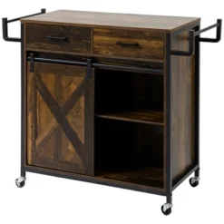 HOMCOM Rustic Farmhouse Kitchen Cart, Rolling Storage Island With Adjustable Shelf, Two Drawers, Sliding Barn Door Cabinet And Towel Rack 9 HOMCOM Rustic Farmhouse Kitchen Cart, Rolling Storage Island With Adjustable Shelf, Two Drawers, Sliding Barn Door Cabinet And Towel Rack -Baxton Home Shop GUEST bcca9a52 048b 414f a59a 6932fa0ce300