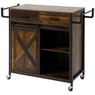 HOMCOM Rustic Farmhouse Kitchen Cart, Rolling Storage Island With Adjustable Shelf, Two Drawers, Sliding Barn Door Cabinet And Towel Rack 5 HOMCOM Rustic Farmhouse Kitchen Cart, Rolling Storage Island With Adjustable Shelf, Two Drawers, Sliding Barn Door Cabinet And Towel Rack - Image 3