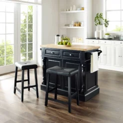 Oxford Kitchen Island With 2 Upholstered Saddle Stools Black - Crosley -Baxton Home Shop GUEST c13b1906 3a80 4505 bd44 6c15346b5789