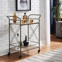 Keene Bronze Finish And Wood Double Cross Bar Cart Bronze/Walnut - Inspire Q