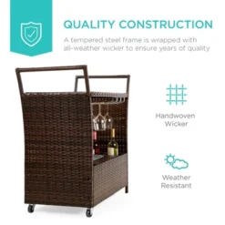 Best Choice Products Wicker Outdoor Rolling Bar Cart W/ Ice Bucket, Glass Countertop, Glass Holders, Storage - Brown -Baxton Home Shop GUEST c688ade6 a773 4232 a116 f71c5f412898