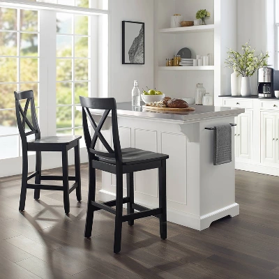 Julia Stainless Steel Top Island With 2 Black X-Back Stools White - Crosley 4 Julia Stainless Steel Top Island With 2 Black X-Back Stools White - Crosley - Image 2