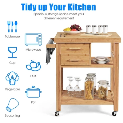 Costway Bamboo Kitchen Trolley Cart Wood Rolling Island W/ Tower Rack & Drawers 9 Costway Bamboo Kitchen Trolley Cart Wood Rolling Island W/ Tower Rack & Drawers - Image 7