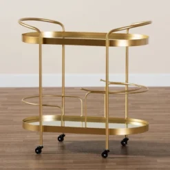 Kamal Glam Brushed Metal And Mirrored Glass 2 Tier Mobile Wine Bar Cart Gold - Baxton Studio -Baxton Home Shop GUEST cec5221e 8a4a 40ff bd36 045de721c876