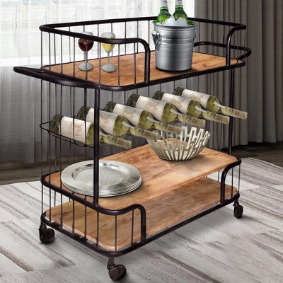 2 Shelves And Metal Frame Bar Cart With Wooden Top Black/Brown - The Urban Port 6 2 Shelves And Metal Frame Bar Cart With Wooden Top Black/Brown - The Urban Port - Image 4