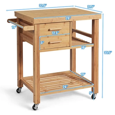Costway Bamboo Kitchen Trolley Cart Wood Rolling Island W/ Tower Rack & Drawers 3 Costway Bamboo Kitchen Trolley Cart Wood Rolling Island W/ Tower Rack & Drawers