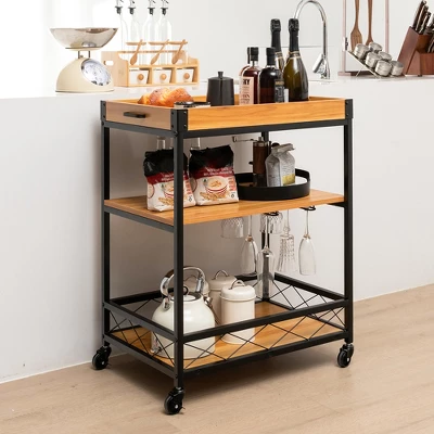 Costway 3-Tier Kitchen Cart Island Rolling Rack Serving Trolley Detachable Top & Glass Holder 3 Costway 3-Tier Kitchen Cart Island Rolling Rack Serving Trolley Detachable Top & Glass Holder