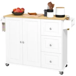 HOMCOM Kitchen Island With Drop Leaf, Rolling Kitchen Cart On Wheels With 3 Drawers, Cabinet, Natural Wood Top, Spice Rack And Towel Rack, White -Baxton Home Shop GUEST ded0e503 0144 4f5f 8e54 e97a76e8064f