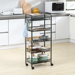 HOMCOM 5 Tier Utility Rolling Cart, Metal Storage Cart, Kitchen Cart With Removable Mesh Baskets, For Living Room, Laundry, Garage And Bathroom, Black -Baxton Home Shop GUEST e50e990f f468 4b67 b30f 13f48dbd33d7