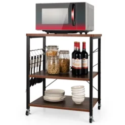 Tangkula Kitchen Baker's Rack 3-Tier Microwave Cart With Wheels&10 Hooks Rustic Brown/Maple/Vintage/Nut Brown -Baxton Home Shop GUEST e62eee9c dc8b 425c 8851 363656cd5883