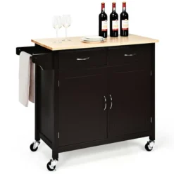 Costway Modern Rolling Kitchen Cart Island Wood Top Storage Trolley Cabinet Utility Brown -Baxton Home Shop GUEST eaef5083 c514 4ab5 8a5e 828393506ae1