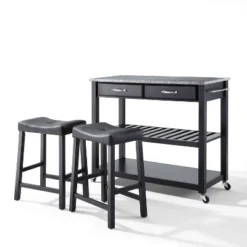 Gray Granite Top Kitchen Prep Cart With 2 Upholstered Saddle Stools - Crosley -Baxton Home Shop GUEST ec5f725f 0100 4934 9fd9 50c034d1abf7