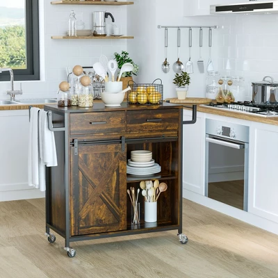 HOMCOM Rustic Farmhouse Kitchen Cart, Rolling Storage Island With Adjustable Shelf, Two Drawers, Sliding Barn Door Cabinet And Towel Rack 3 HOMCOM Rustic Farmhouse Kitchen Cart, Rolling Storage Island With Adjustable Shelf, Two Drawers, Sliding Barn Door Cabinet And Towel Rack