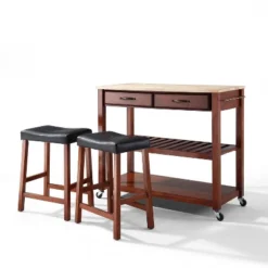 Wood Top Kitchen Prep Cart With 2 Upholstered Saddle Stools - Crosley -Baxton Home Shop GUEST f3d48115 25e9 4ca7 b77d e6ee25670423