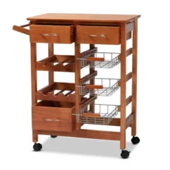 Crayton Wood And Metal Mobile Kitchen Storage Cart Oak Brown/Silver - Baxton Studio