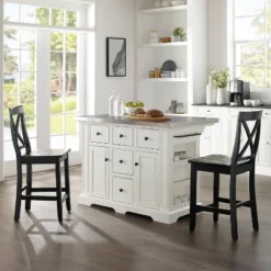 Julia Stainless Steel Top Island With 2 Black X-Back Stools White - Crosley