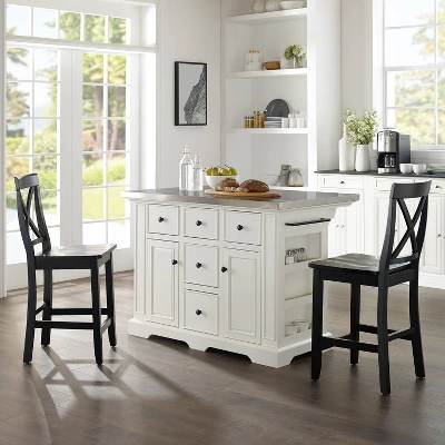 Julia Stainless Steel Top Island With 2 Black X-Back Stools White - Crosley 3 Julia Stainless Steel Top Island With 2 Black X-Back Stools White - Crosley