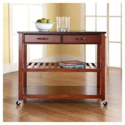 Solid Black Granite Top Kitchen Cart/Island With Optional Stool Storage - Classic Cherry - Crosley -Baxton Home Shop GUEST f86a57ee 1609 44f4 ad9e 50f0342e60ae