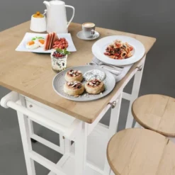 Square Hardwood Drop Leaf Table Top Breakfast Cart Natural/White - Flora Home -Baxton Home Shop GUEST fcc0c882 db70 4a8d 8907 1cd958edc357