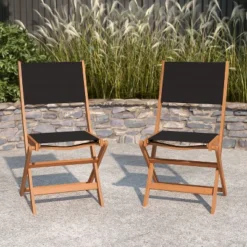 Merrick Lane Set Of 2 Indoor/Outdoor Acacia Wood Folding Patio Bistro Chairs With Black Textilene Mesh Back And Seat, Natural